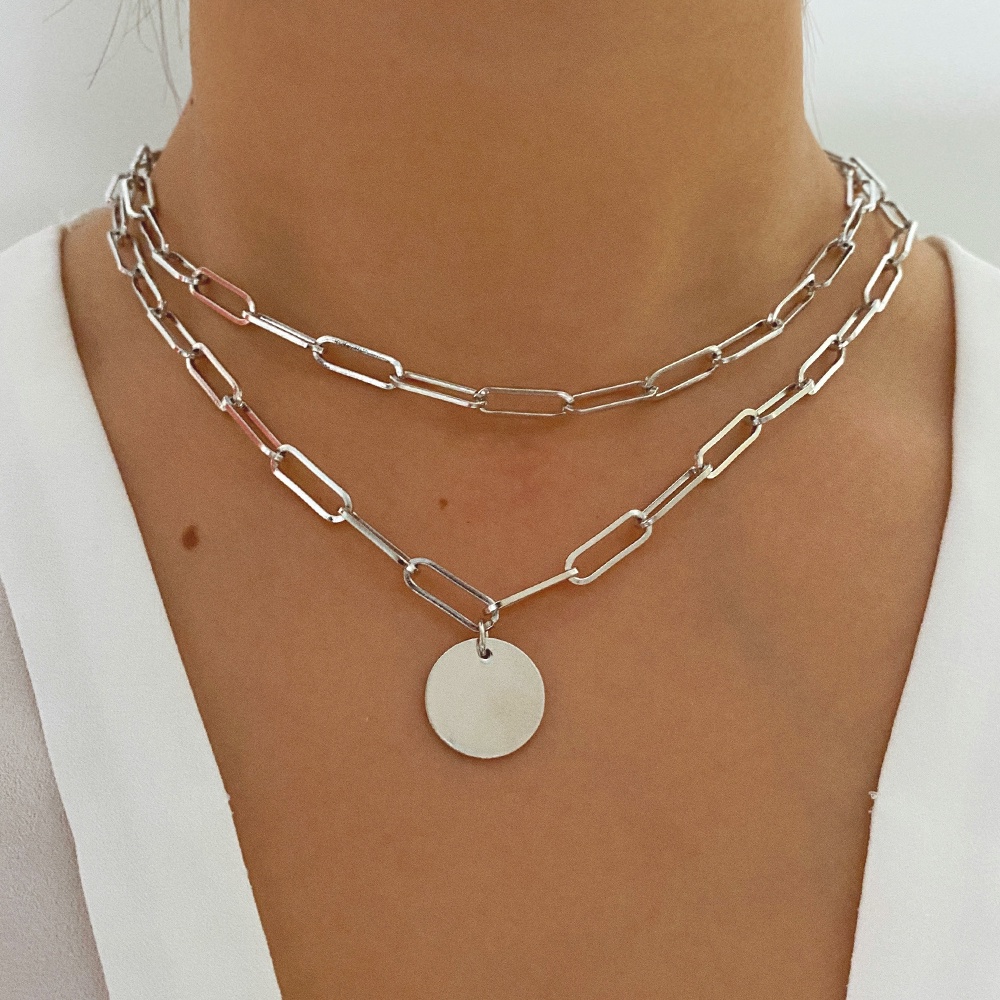 Kalung Rantai Multilayer Dengan Liontin Disk Untuk Wanita