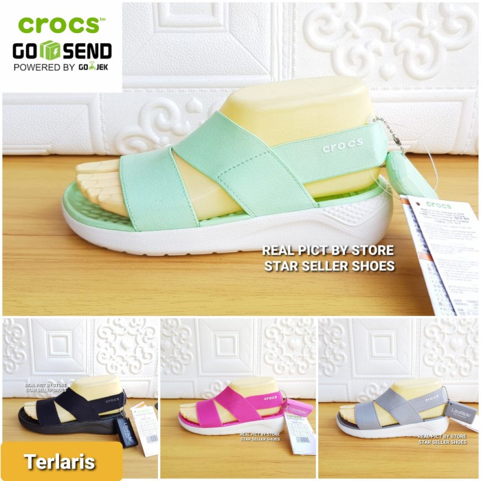 SANDAL CROCS WANITA LITERIDE SANDAL ORIGINAL - HITAM SOL HITAM, 35
