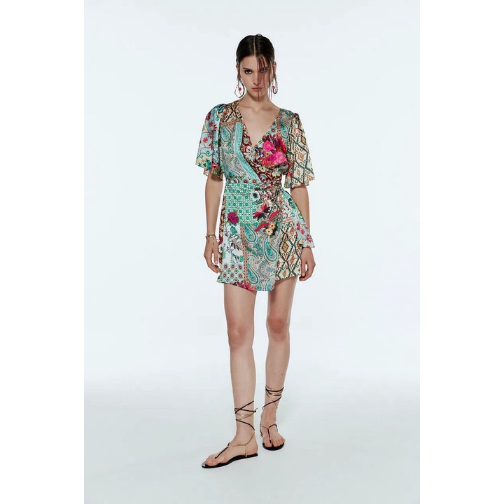 Dress casual import Green Retro Pattern korea style hijau