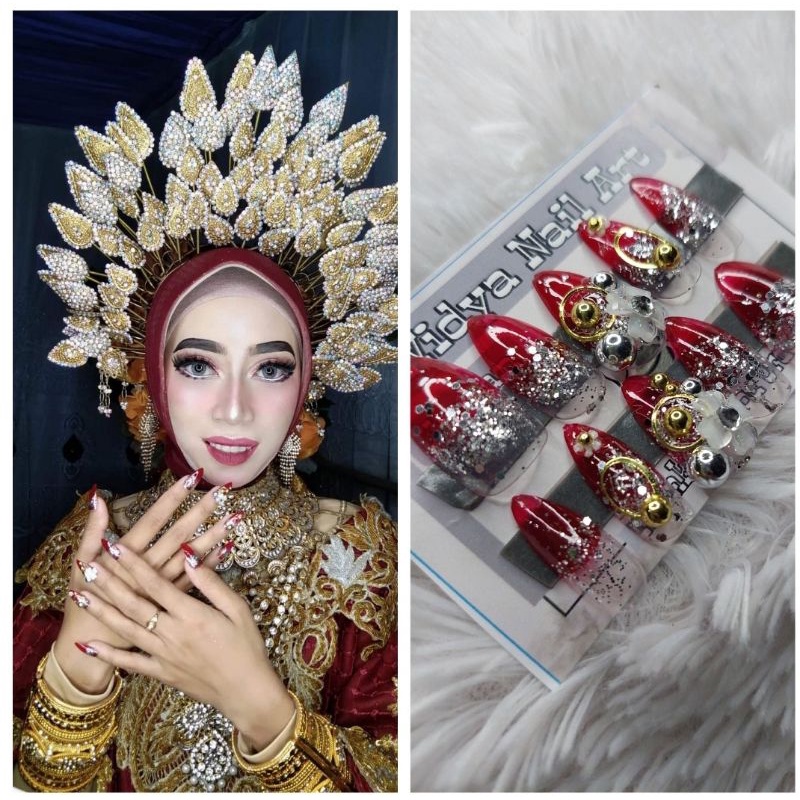 nail by widya | 3d nail art red glamour | kuku palsu wedding |custom ukuran