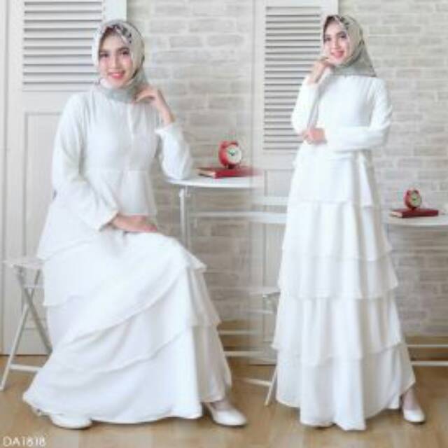 READY BRANDED ORIGINAL GAMIS SYARI DA 188 White Putih Ruffle Tingkat