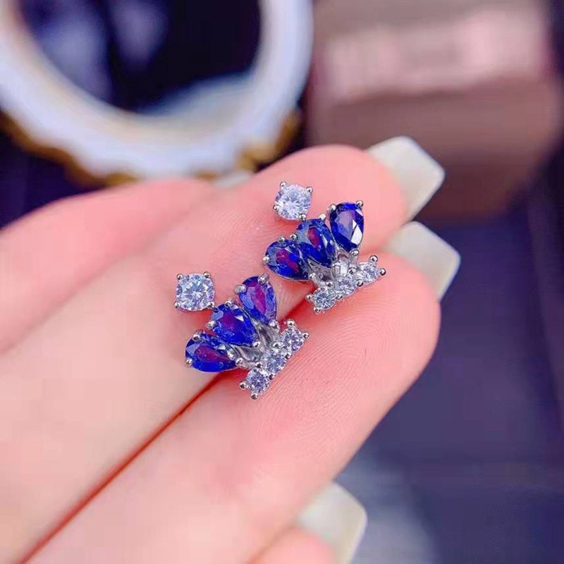 Anting Stud Desain Mahkota Tanzania Blue Sapphires Untuk Wanita