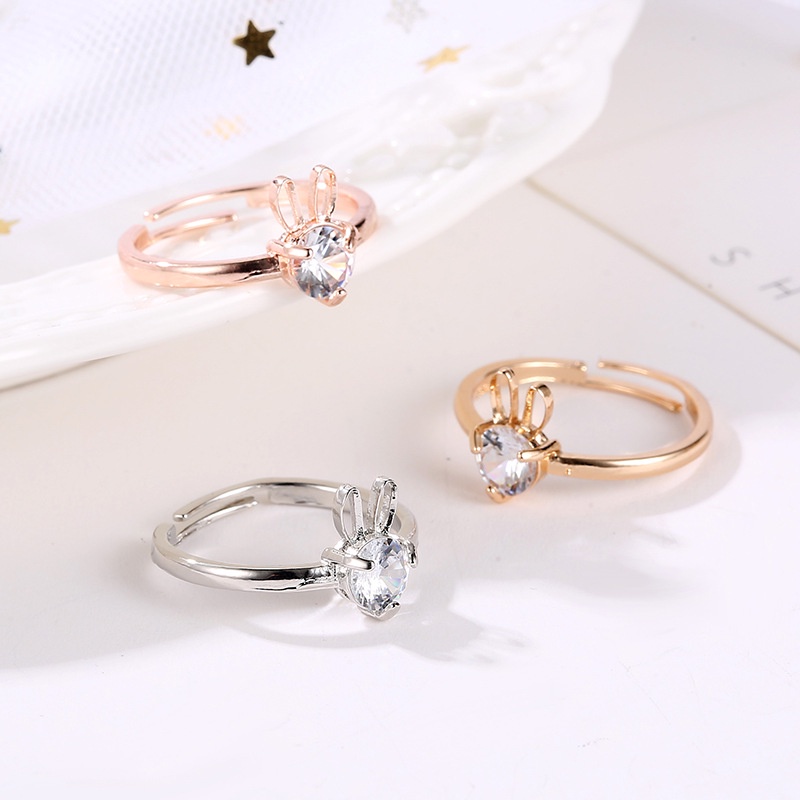 Cincin Tembaga Desain Kelinci Lucu Hias zircon Gaya Korea Untuk Wanita
