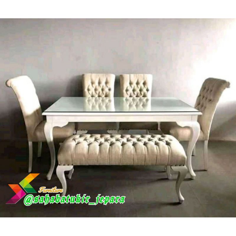 MEJA MAKAN SET K4 single + 1 kursi 2 seat Sofa jok meja panjang konsul