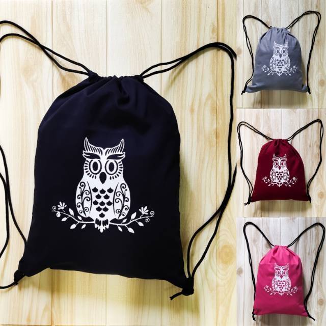 STRINGBAG tas ransel serut sablon bahan drill halus motif CUTIE OWL || Kiiyoomii ||