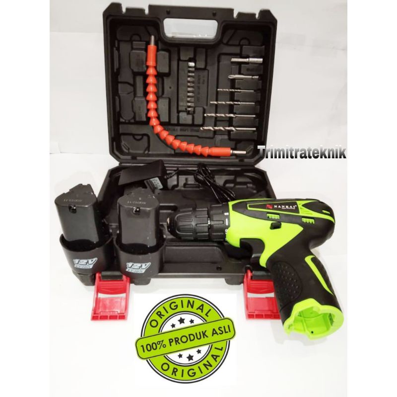 Nankai Japan Technology Mesin Bor cordless Besar 10 mm Baterai 12V 12 Volt Include 2 Baterai,