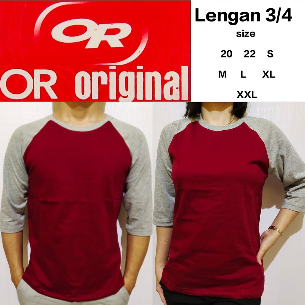 Kaos polos raglan merah Maron lengan abu misty 3/4 20 22 S M L XL XXL