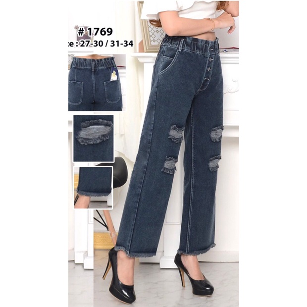 Celana Jeans Wanita Kulot Sobek Rawis 27-30 31-34 Bisa Bayar Ditempat(COD)