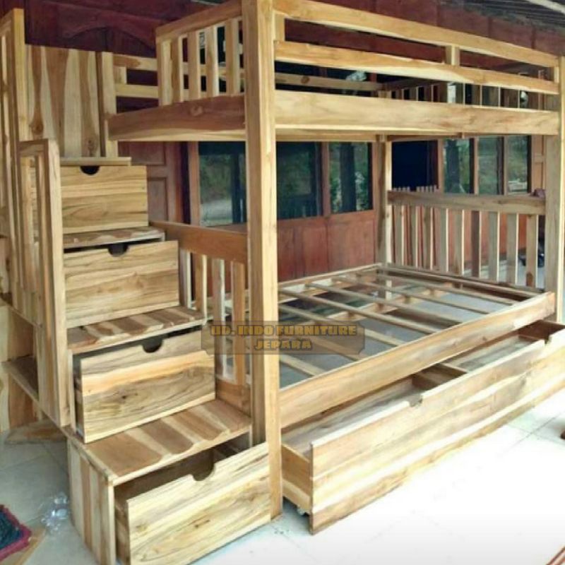 dipan tingkat laci murah ranjang tingkat besar tempat tidur minimalis bahan kayu jati jepara