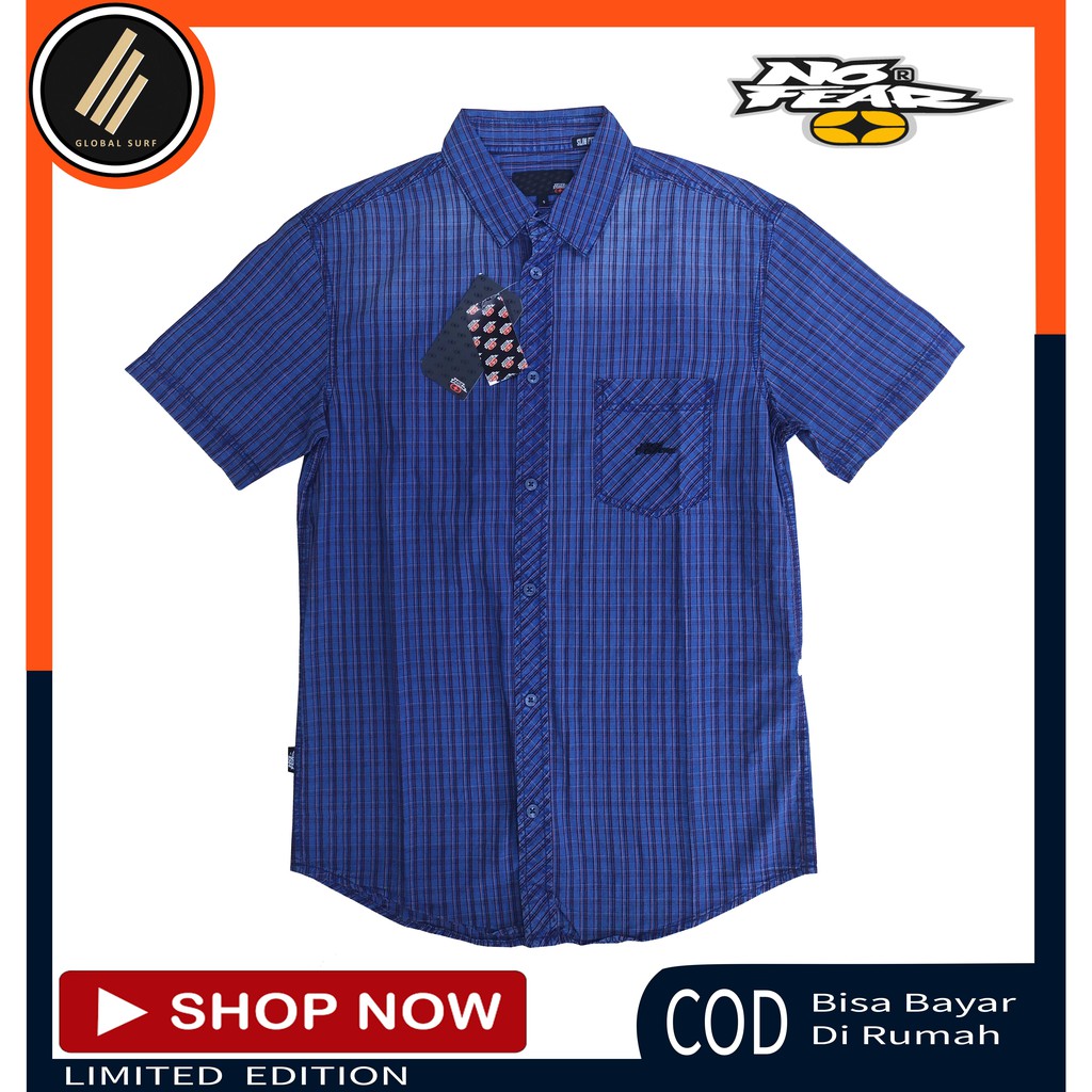 No Fear Kemeja Lengan Pendek Pria Motif Kotak Kancing Depan Berkerah Fashion Cowok Kasual Slimfit