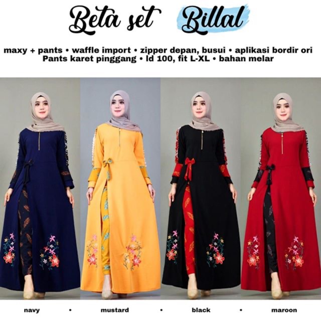 Beta Setelan Long Tunik Slit & Celana Waffle Bordir Bunga