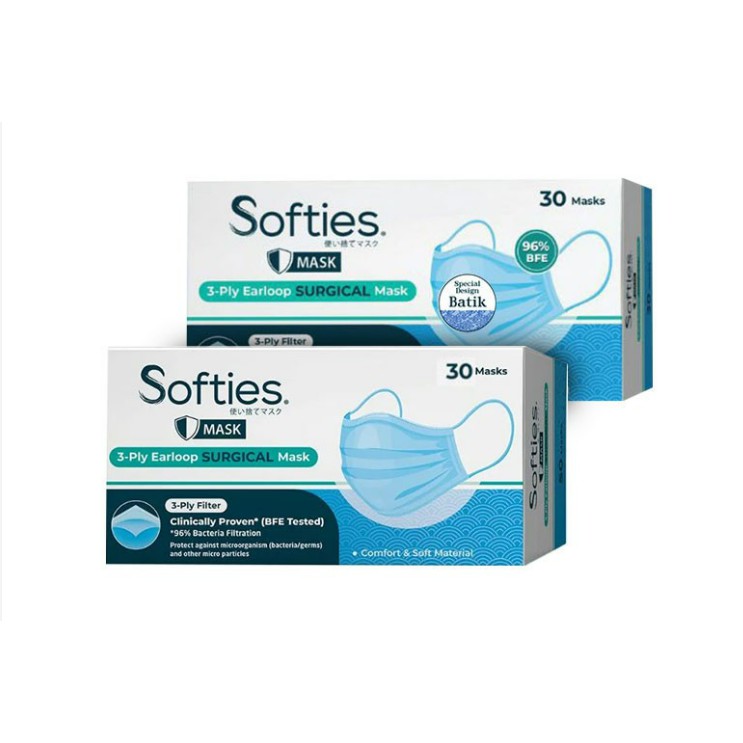 SOFTIES 3PLY DAILY MASK PREMIUM ISI 30 PCS MASKER HARIAN EARLOOP BATIK ORIGINAL SURGICAL FACE MASK