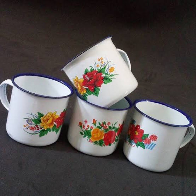 Set Mug Enamel Blirik 7cm – Mug Motif Jadul 12 Pcs (1 Lusin)