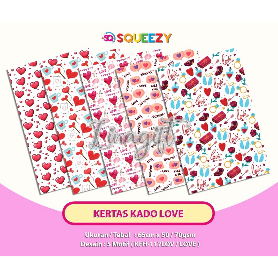 ( 5 Lembar ) KERTAS KADO SQ DOFF - GIFT WRAPPING PAPER LOVE / HEART / PITA / RIBBON / FLOWER / BUNGA / VALENTINE PINK RED ROMANTIC - WEDDING ENGAGEMNET PROPOSAL / PERNIKAHAN NIKAH TUNANGAN