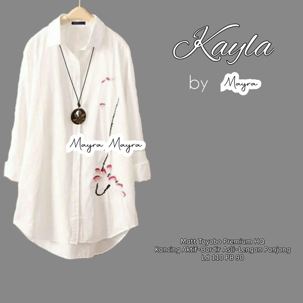 tunik ld 110 KAYLA putih bordir ori lengan panjang berkerah casual formal fashion wanita toyobo