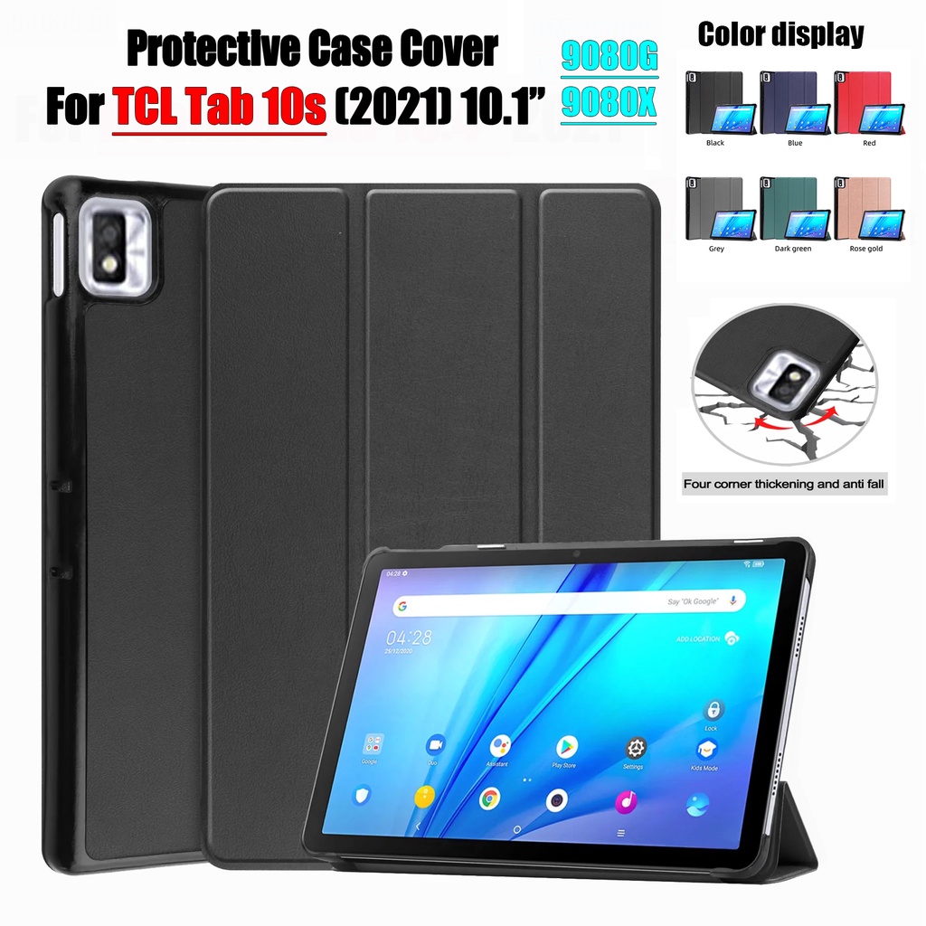 [Tidur/Bangun] Untuk TCL Tab 10s 10.1-inci 2021110 s 9080G 9080X Tablet Perlindungan Case Fashion Tri-Fold Warna Solid Flip Leather Cover Fold Stand