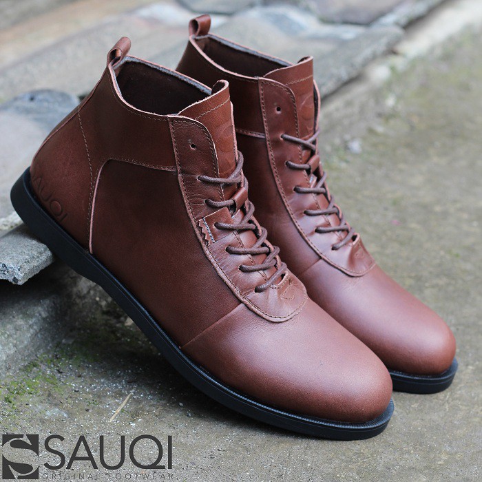 Sepatu Boots Pria Sauqi NVM Racing Brown Kulit Casual Kerja Kantor