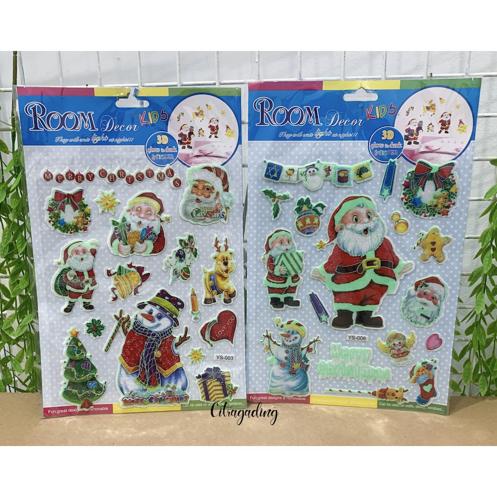 

STICKER NATAL 3D GLOW IN THE DARK DEKORASI KAMAR ROOM DECOR NYALA METALIK TIMBUL SANTA CLAUS LUCU