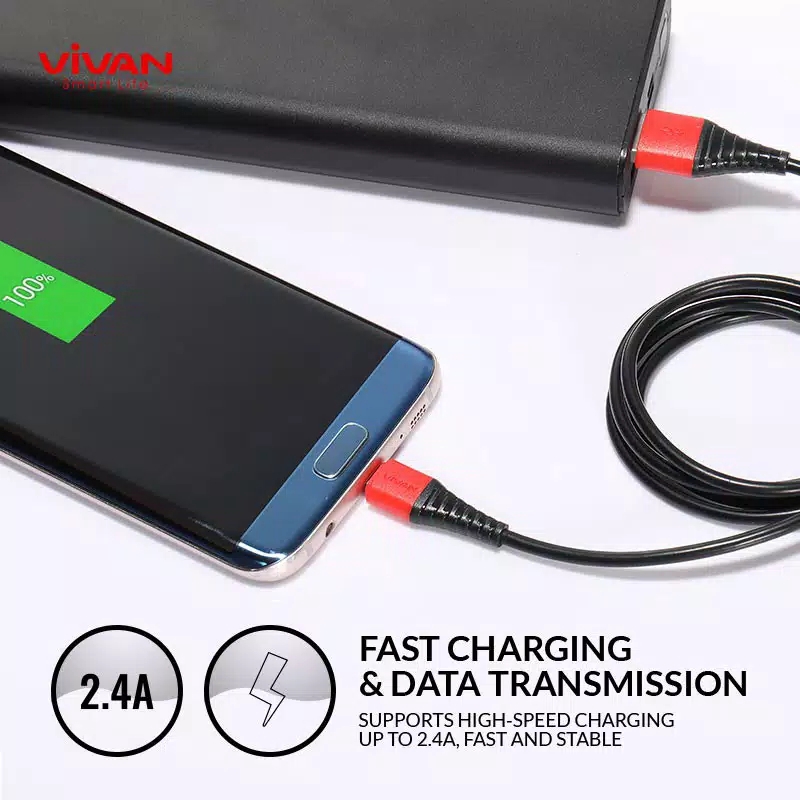 Kabel Data SM100s/SM100 Micro Fast Charging VIVAN 100CM 2.4A Android - Garansi 1 Tahun