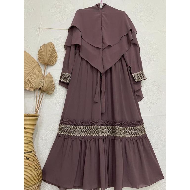 Gamis Syari Ceruty Mix Renda Depan dan Tangan | Gamis Syari Busui | Gamis Set Khimar Terbaru-Plum