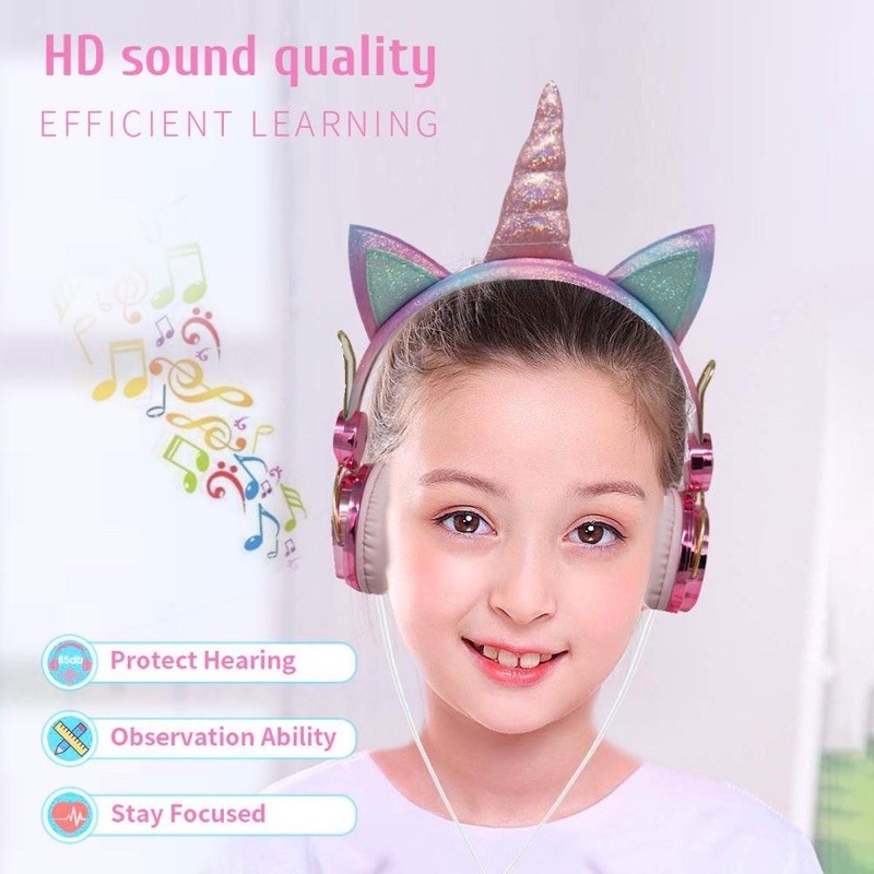 UNICORN HEADPHONE HEADSET ANAK CEWE EARPHONE UNICORN HENSET Mikrofon Putri Girls Lucu Cantik Musik Stereo Anak Hadiah LUCU Dengan Gaming Belajar Online Musik Studying