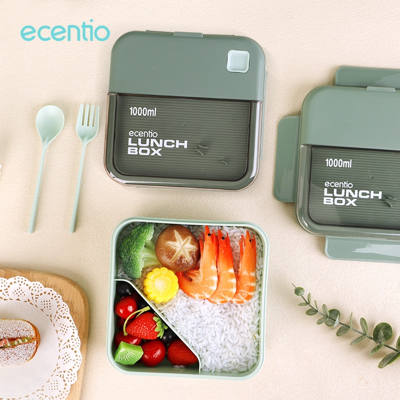 ecentio kotak makan tempat bekal lunch box 1000ml lunch box 2 grids sendok makan set BPA free