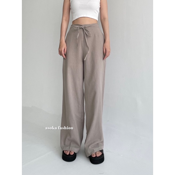 ASOKA Rachel Pants 2431 - Celana Highwaist Tali - Celana Linen Crinkle - Kulot Casual