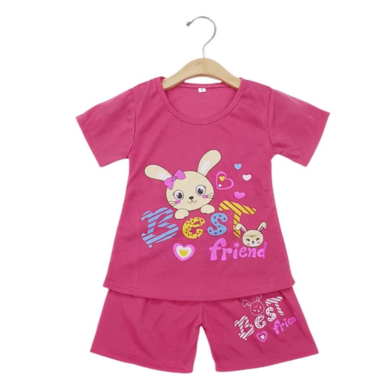 SETELAN SIKUNING PAKAIAN BAJU ANAK PEREMPUAN 2-7 TAHUN MOTIF BEST FRIEND RABBIT