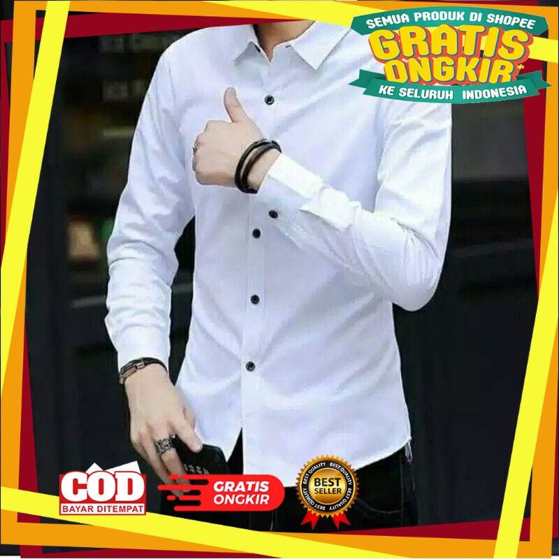 Kemaja Pria Keren Elegan / Kemeja Cowok polos lengan panjang slimfit hem pria kantor hitam navy puti