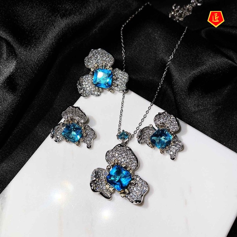 [Ready Stock]Jewelry Flower Stud Earrings Elegant Blue Topaz Ring Necklace Set