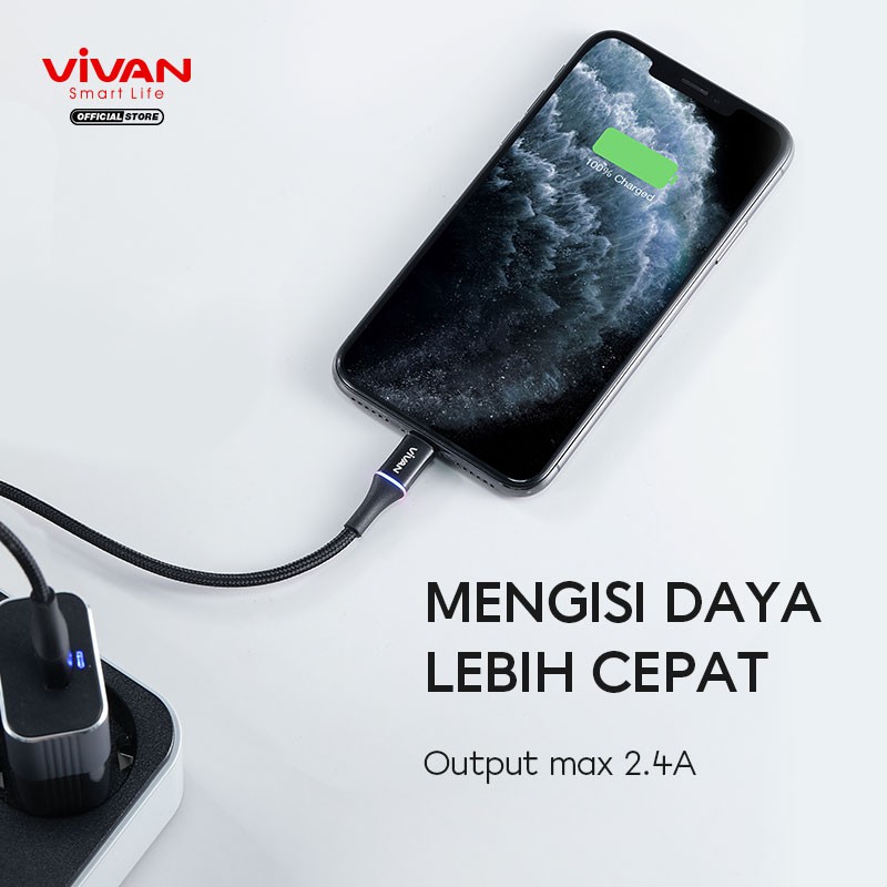 VIVAN Kabel iPhone Lightning 2.4A LED Light Quick Charge 100CM Garansi Resmi 1 Tahun VDL100 ORIGINAL