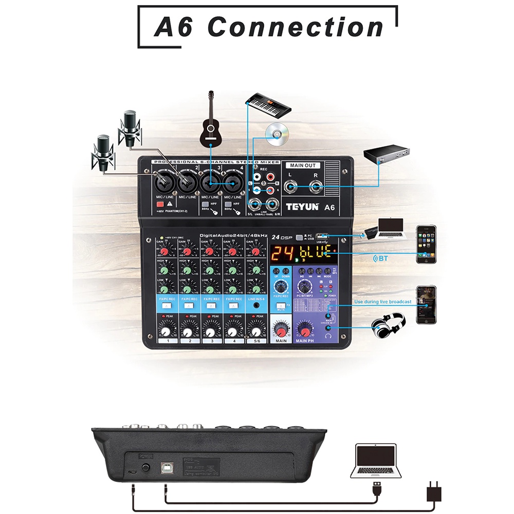 Mixer 6 Channel Wireless Sound Mixing Console Phantom Power 48V - A6 - Black