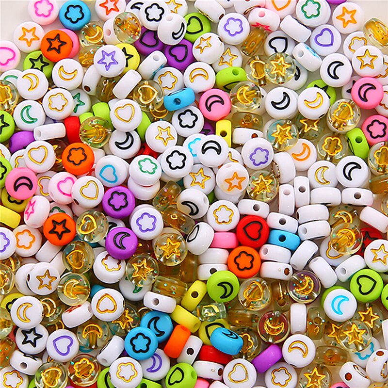 100Pcs 4x7mm Flat Round Mix Flower Star Moon Heart Spacer Acrylic Beads For Diy Jewelry Making Bracelet Earrings Supplies