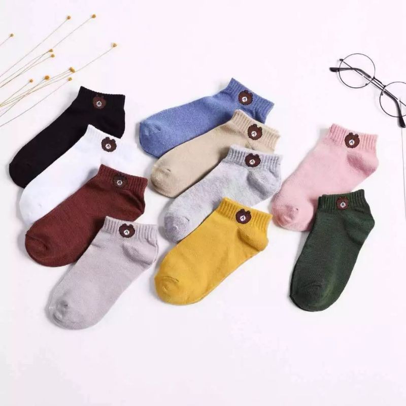kaos kaki pendek matakaki motif beruang kaos kaki wanita dewasa motif brown/panda bahan lembut termurah-3