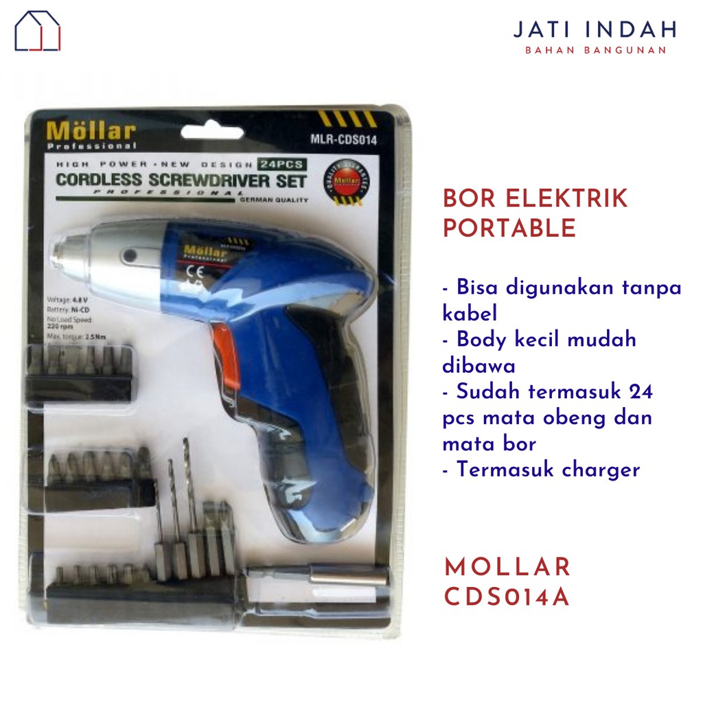 Mesin Bor Elektrik Portable Tanpa Kabel | Mollar CDS014 Cordless Screwdriver Set