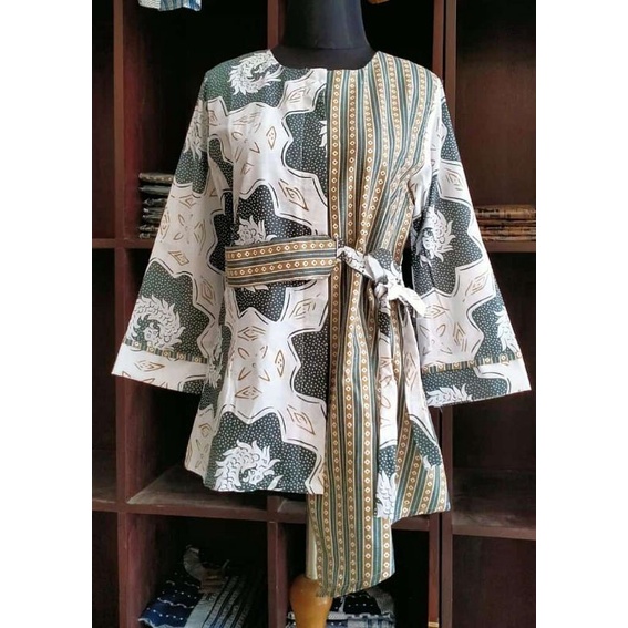 tey-17 Batik wanita ASJ SA HRB026 Kenongo Kemeja Tosca Pendek-Dapel hijau