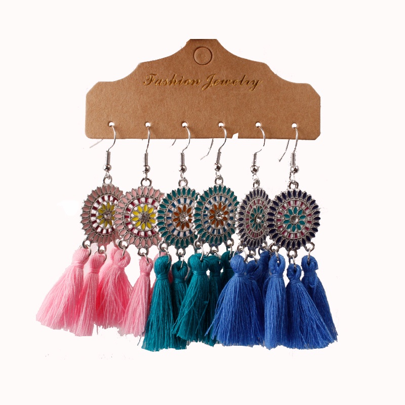 Bohemian anting-anting 3 pasang gaya etnik rumbai anting-anting perhiasan populer kombinasi set fash