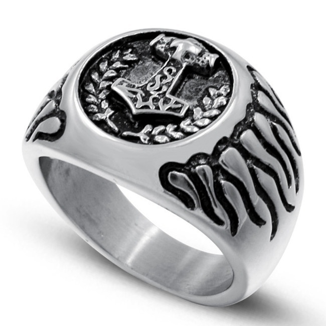 Men's Rings Vintage Antiques Gothic Cars Nordic Myths Thor Hammer Design Stainless Steel Punk Ring Black Silver Ring