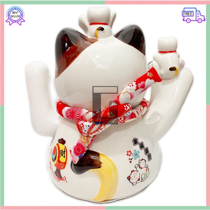 Pajangan Patung Hiasan Dekorasi Boneka Kucing Panggil Rejeki Rezeki Hoki Maneki Neko Maneko Neki ManekiNeko Lucky Cat Keberuntungan Keramik Baterai Batrai Batre Listrik Tangan Gerak Goyang Hias Meja Etalase Toko Kantor Resto Cafe Murah Cina China Jepang