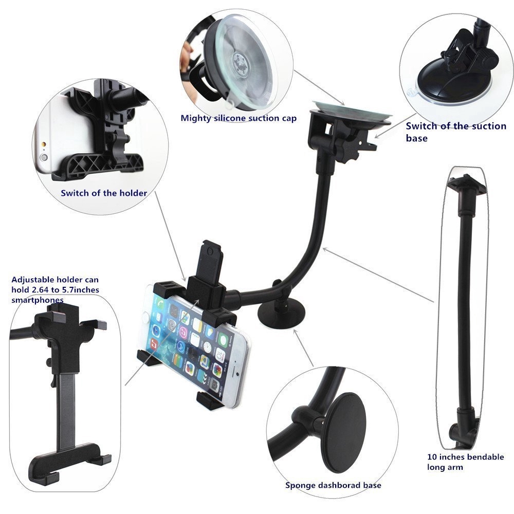 Universal Tab Car Holder Tablet Windshield Stand Mount Dudukan Penyangga Lengan Panjang Rotasi 360 Dengan Holder 5 ''&amp; 11''