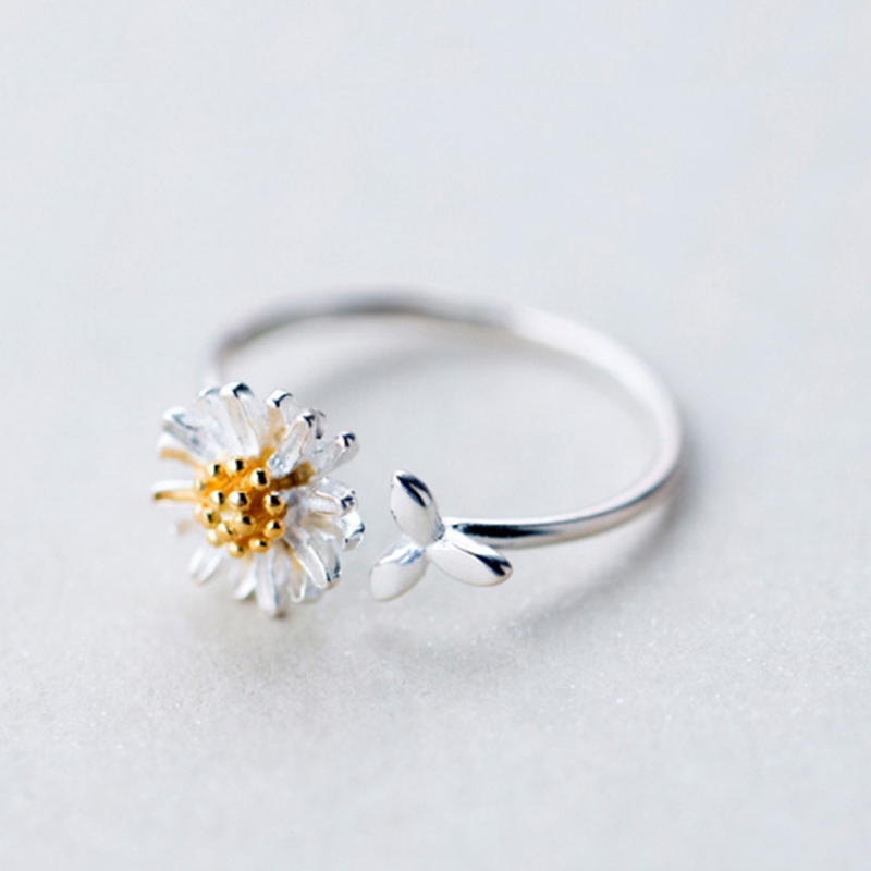 Cincin S925 Silver Gold-plated Model Terbuka Bentuk Daun Daisy Kecil Gaya Korea Untuk Wanita