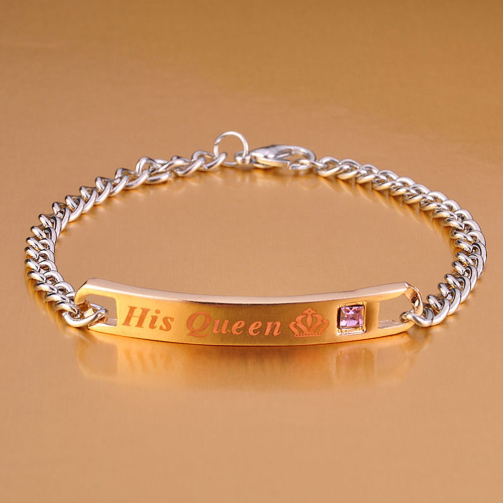 Canaan Gelang Tangan Rantai Titanium Steel Motif Tulisan His Queen / Her King Untuk Pasangan / Pria / Wanita