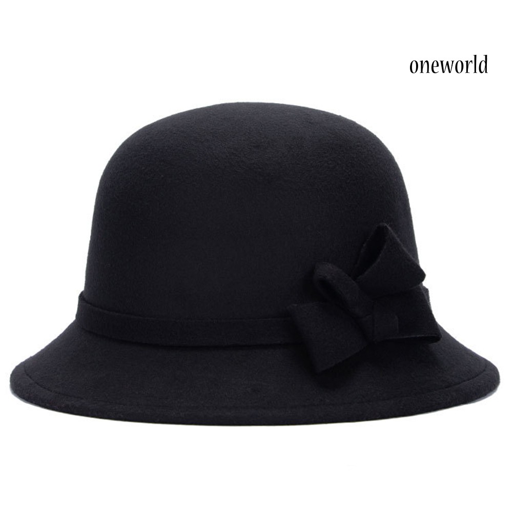 Oneworld Topi Bucket Wanita Bahan Wol Imitasi Aksen Pita Warna Polos Gaya Vintage Untuk Musim Gugur