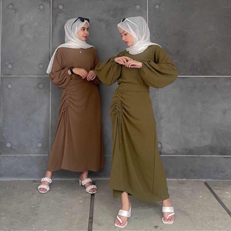 BEFAST - ZFC OOTD Setelan JUYA / ONE SET NADIA | SET WANITA ROK SERUT &amp; BLOUSE LENGAN BALON / One Set Keluaran Terbaru / Atasan Blouse Lengan Panjang+Rok Serut / One Set Polos Casual / OOTD Wanita Kondangan / One Set Formal / Trendy