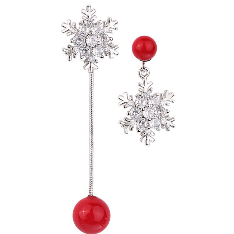 Sederhana Red Pearl asimetris kepingan salju telinga stud Korea elegan merah all-match anting-anting