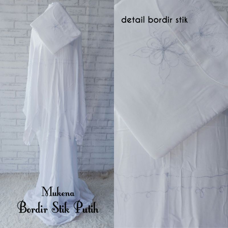 Mukena Terusan Dewasa Bordir stik/ grosir mukena rayon putih polos