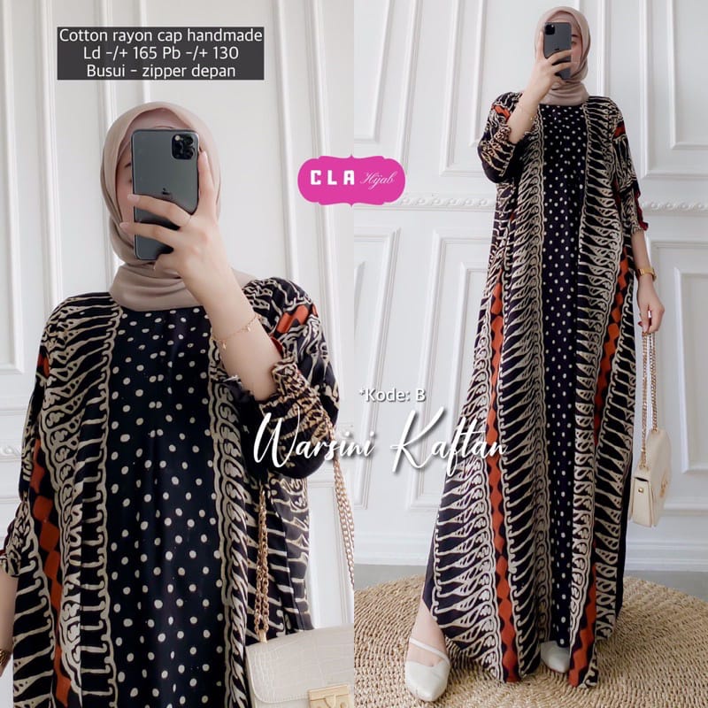 Batik A W - Kaftan Cap Encim Motif Sogan Super Jumbo LD 150 Black Color Busui Resleting Lengan 7/8 Gamis Rayon Kaftan Jumbo