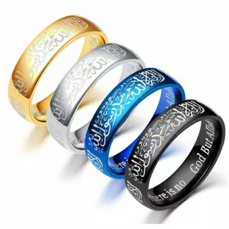 Fourfashion Cincin Tauhid Muslim Pria Wanita Anti Karat Warna Emas Biru Silver Hitam Islam Kaligrafi