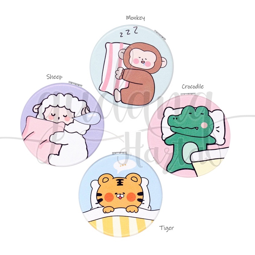 Kaca Bulat Kulit Sleeping Animal Cermin Rias Make Up Motif Monkey Sheep GH 504354