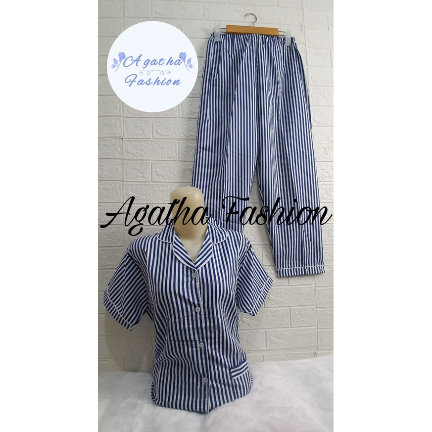 Baju Tidur Cewek Lengan Panjang Dan Lengan Pendek Motif Kotak Piyama Wanita Kekinian Pajamas Dewasa-CP XL SALUR NAVY